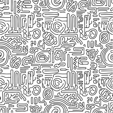 Monochrome abstract maze doodle seamless pattern with intricate black lines on white background
