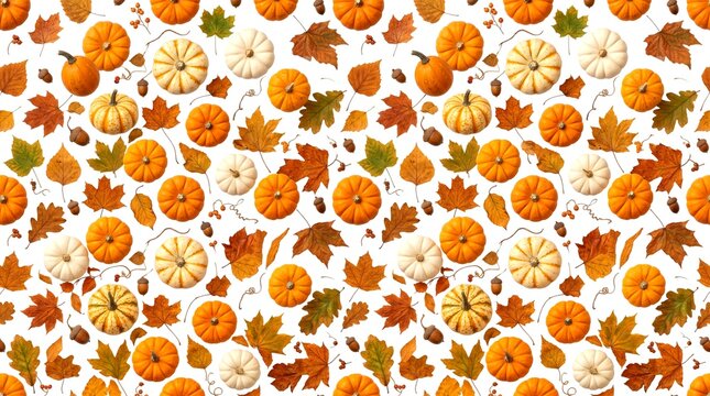Seamless flat lay pattern featuring mini pumpkins and various autumn leaves with acorns on white background for harvest thanksgiving design