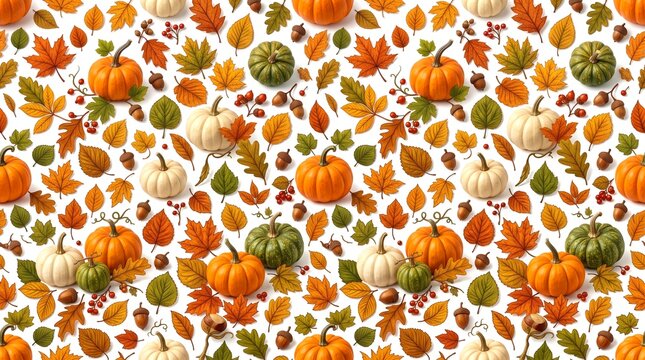Seamless autumn harvest pattern with mini pumpkins maple leaves acorns and berries on white background for seasonal stationery design