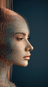 Abstract profile of persons face dissolving into smooth fluid vibrating cymatic sound patterns of liquid copper with dark slate grey background.