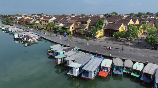 Aerial view of the ancient city of Hoi An and the Thu Bon River in Vietnam