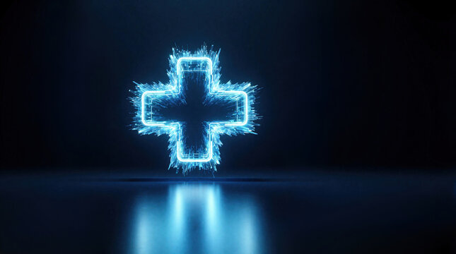 Blue glowing plus sign emerges from dark digital space. Abstract medical symbol pulses with light energy. Future tech in healthcare science abstract concept.