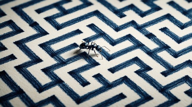Small black ant wanders through complex blue maze drawn on paper. Tiny insect faces difficult labyrinth challenge with many paths, obstacles. Concept of mental blockage, confusion, problem solving,