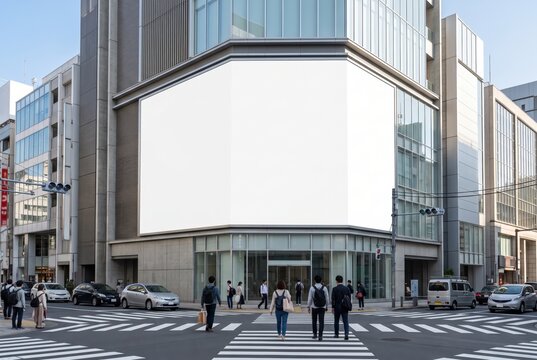 Large blank white billboard mockup on a modern city building corner above a busy street intersection with pedestrians and cars crossing during clear daytime.