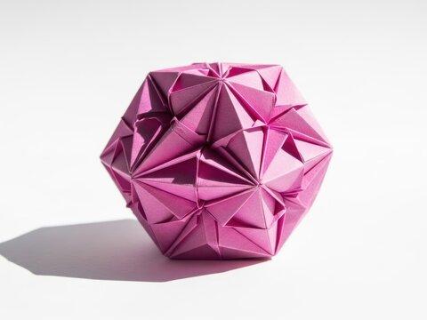 Intricate pink origami kusudama ball casting a shadow