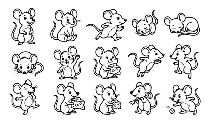 Obraz premium Cute Cartoon Mouse Illustrations, Black and White Rodent Character Vector Collection