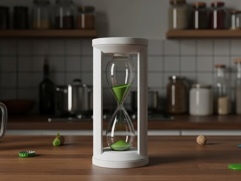 Modern white hourglass with green sand on a wooden surface