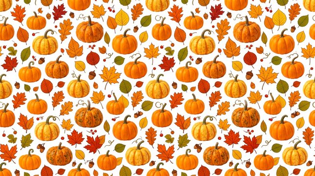 Seamless autumn harvest pattern with realistic pumpkins colorful fall leaves acorns and berries on white background for seasonal textile design
