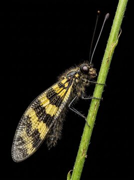 Macro Portrait of an Owlfly with Yellow and Black Patterned Wings on a Green Stem Isolated on Black Background