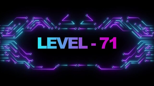 Neon level 71 gaming screen with glowing cyberpunk circuit board background
