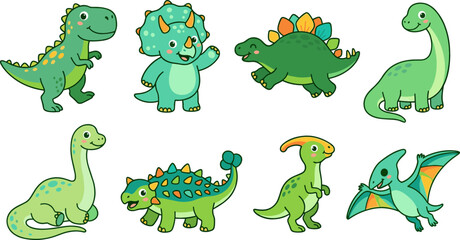 Cute Dinosaur Vector Character Set Featuring Cartoon Tyrannosaurus Rex Triceratops Stegosaurus Brachiosaurus and Pterodactyl Illustrations for Children Nursery and School Designs © Saidi