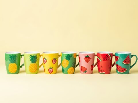 Set of Colorful Ceramic Mugs Decorated with Various Fruit Patterns