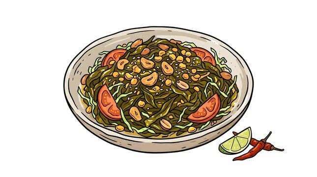 Lahpet thoke Myanmar fermented tea leaf salad flat vector illustration