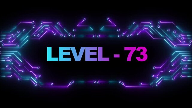 Neon cyberpunk level 73 gaming screen with glowing circuit board background