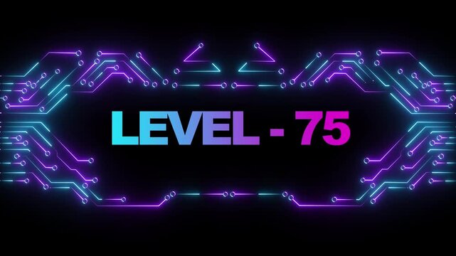 Level 75 neon gaming achievement screen with cyberpunk circuit board background
