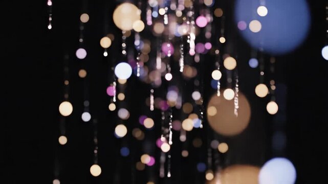Abstract glittering light orbs cascade on dark background for festive occasions