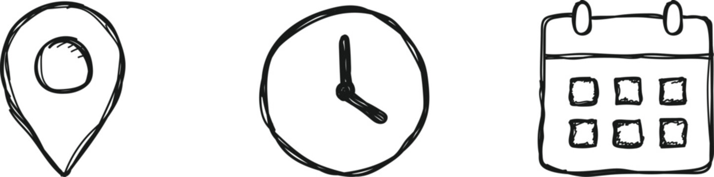 Event location, time, and date icon set. Pin, clock, and calendar symbols in hand-drawn, sketch, and doodle outline styles.