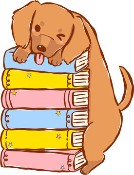 Cute Dachshund Back to School Dog Stack of Books Cartoon Hand Drawn