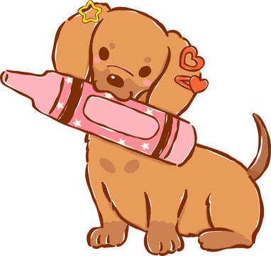 Cute Dachshund Back to School Dog Holding Crayon Cartoon Hand Drawn