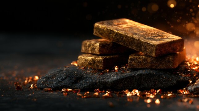 Shiny gold bars stacked on dark textured surface with scattered glittering particles creating a luxurious and elegant atmosphere for financial themes