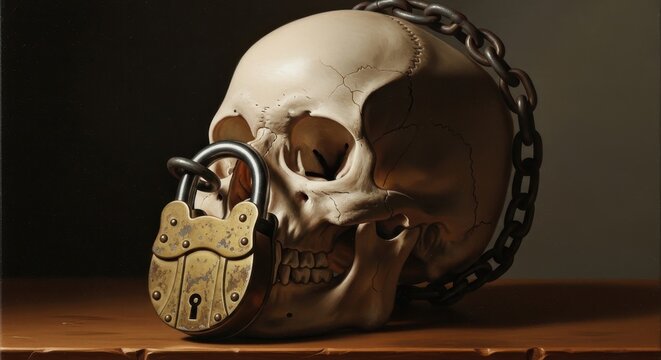 Macabre and gothic human skull bound with heavy iron chains and a large antique brass padlock covering its mouth, oil painting style with fine textures, resting silently on a wooden table under