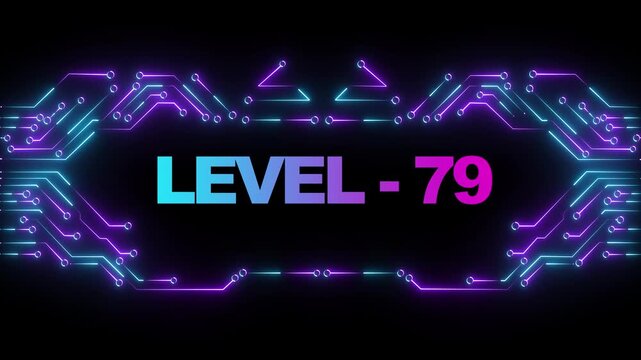 Level 79 neon gaming title screen with glowing cyberpunk circuit board background