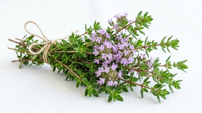 Fresh Blooming Thyme Bunch Tied with Twine on White Background, Aromatic Culinary Herb