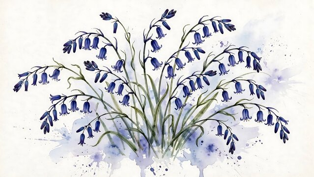 Bunch of bluebells watercolor illustration with nodding purple flower bells