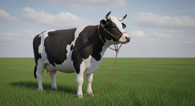 Highly detailed 3D rendered realistic Holstein Friesian dairy cow with black and white spots and a rope halter, standing proudly in a lush green pasture under a bright blue sky with soft clouds,