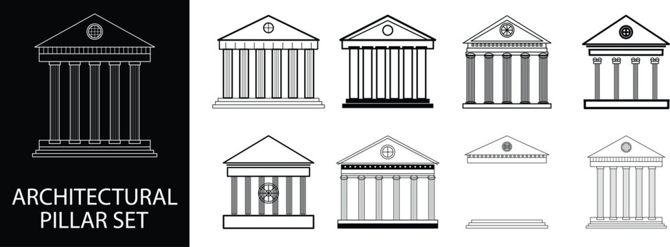 Architectural pillar and greek temple facade icon set, ancient roman colonnade vector collection with classical pediments and columns
