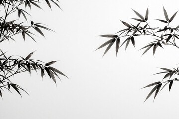 Fototapeta premium Bamboo branches with dark leaves spread across a clean white background. Minimalist style, natural elements, and oriental art feel. Perfect for design, spa, and zen themes.