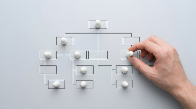 Hand placing a small white peg into a rectangular box within a detailed hierarchical organizational chart diagram on a light gray background featuring hierarchy, flowchart, structure and business