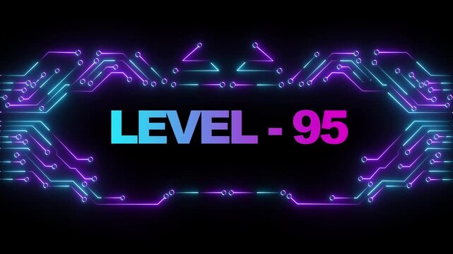 Level 95 neon gaming achievement screen with cyberpunk circuit board background