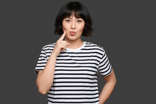 Cheerful young Asian woman makes funny face, pouts lips. Wears white striped t-shirt, points finger to cheek, poses playfully on grey background. Expressive girl shows emotion, joy, humor for beauty