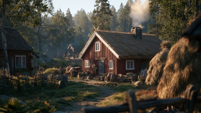 Cozy rustic cottage surrounded by trees and nature, featuring smoke from chimney, hay bales, and charming landscape in serene rural setting