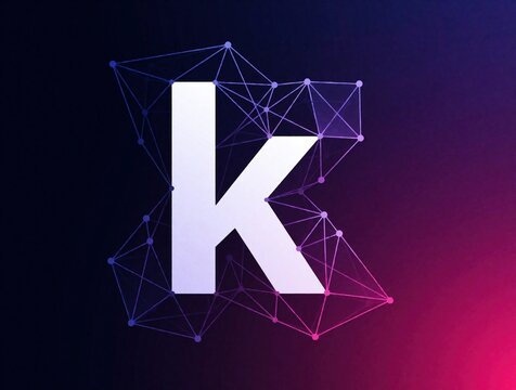 Geometric letter K design with network connections and gradient background. Abstract digital art represents connection data and tech innovation. Modern futuristic symbol suitable for branding.