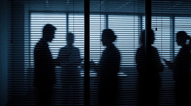Silhouettes of business people talk behind closed window blinds in dark office. Group of anonymous corporate professionals hold secret meeting at night. Shadow figures engage in private discussion,