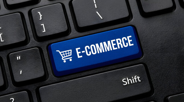 Close-up of a black computer keyboard with a prominent blue E-COMMERCE key displaying a white shopping cart icon, surrounded by standard keys including Shift and punctuation marks