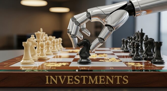 Futuristic chrome-plated robotic hand strategically moving a black knight on a classic wooden chessboard engraved with INVESTMENTS, featuring elegant gold leaf accents under warm office ambient
