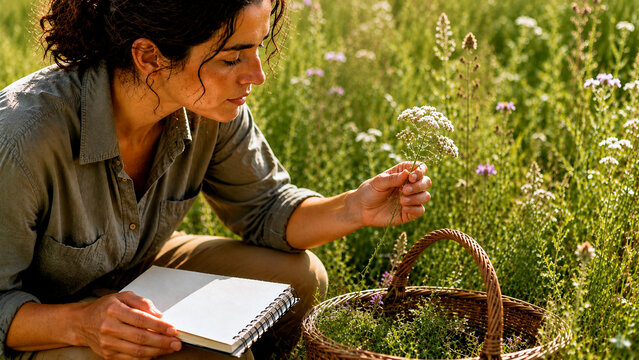 Woman botanist examining white wildflower in green meadow with notebook and wicker basket. Herbalist harvesting medicinal herb. Field research and sustainable foraging concept