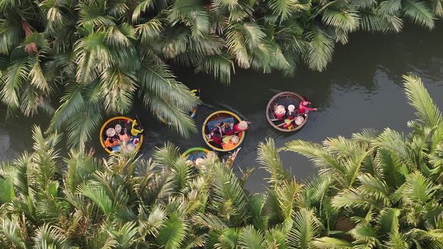Aerial view of the natural scenery of basket boats on the Thu Bon River in Hoi An Ancient Town, Vietnam