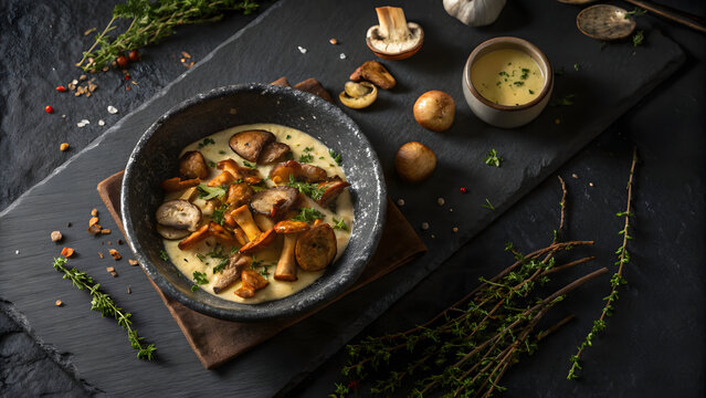 Wild mushroom risotto with porcini and chanterelles in a rustic bowl on dark slate stone.