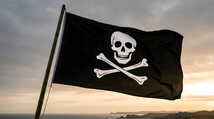 Naklejka premium Black pirate flag featuring a white skull and crossbones waves on a pole against a dramatic sunset sky with distant hills and water visible in the background featuring jolly roger and black flag