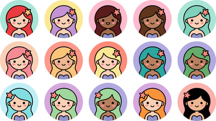 Obraz premium Cute Mermaid Avatar Icon Set Featuring Colorful Hair Diverse Skin Tones and Starfish Hairclips for Children Illustration Social Media and Stickers