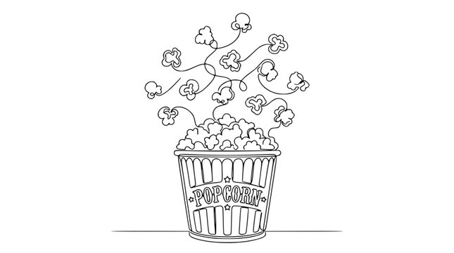 Continuous line drawing of popcorn overflowing from a bucket, isolated on transparent background