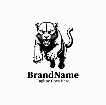 Black image vector logo silhouette of athletic panther leaping forward in nature isolated on white background