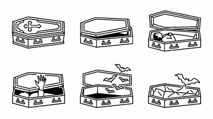 Obraz premium A collection of six hand drawn black and white coffin illustrations for Halloween themes.