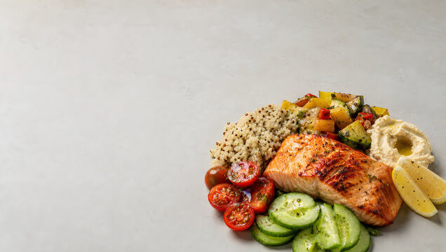 grill salmon and fresh vegetables on the table