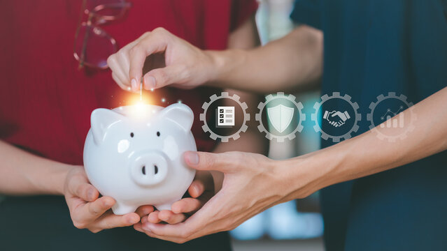 Financial advisors support collaborative saving and financial planning with a piggy bank, representing investment growth, money management, financial security, protection, and shared goals.