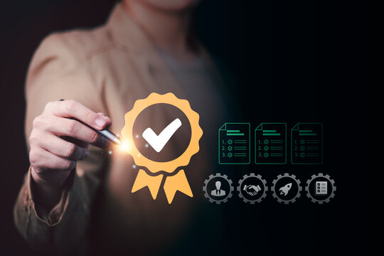 Quality manager reviews certification and compliance standards through digital verification, ensuring quality assurance, audit readiness, process control, approval, and organizational excellence.